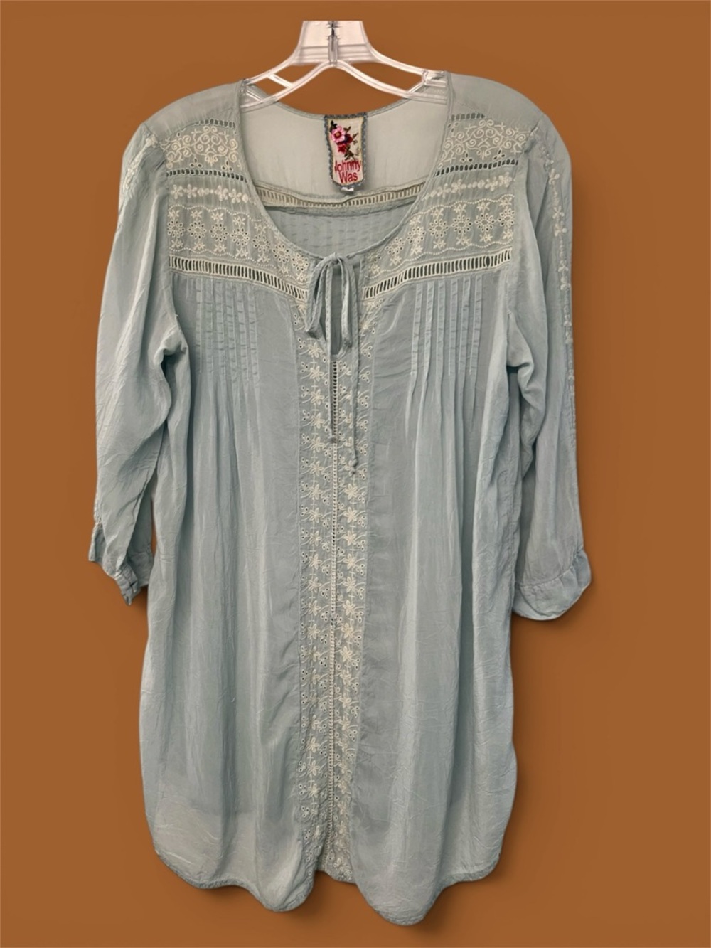 Johnny Was Light Blue Embroidered V‑Neck Tunic